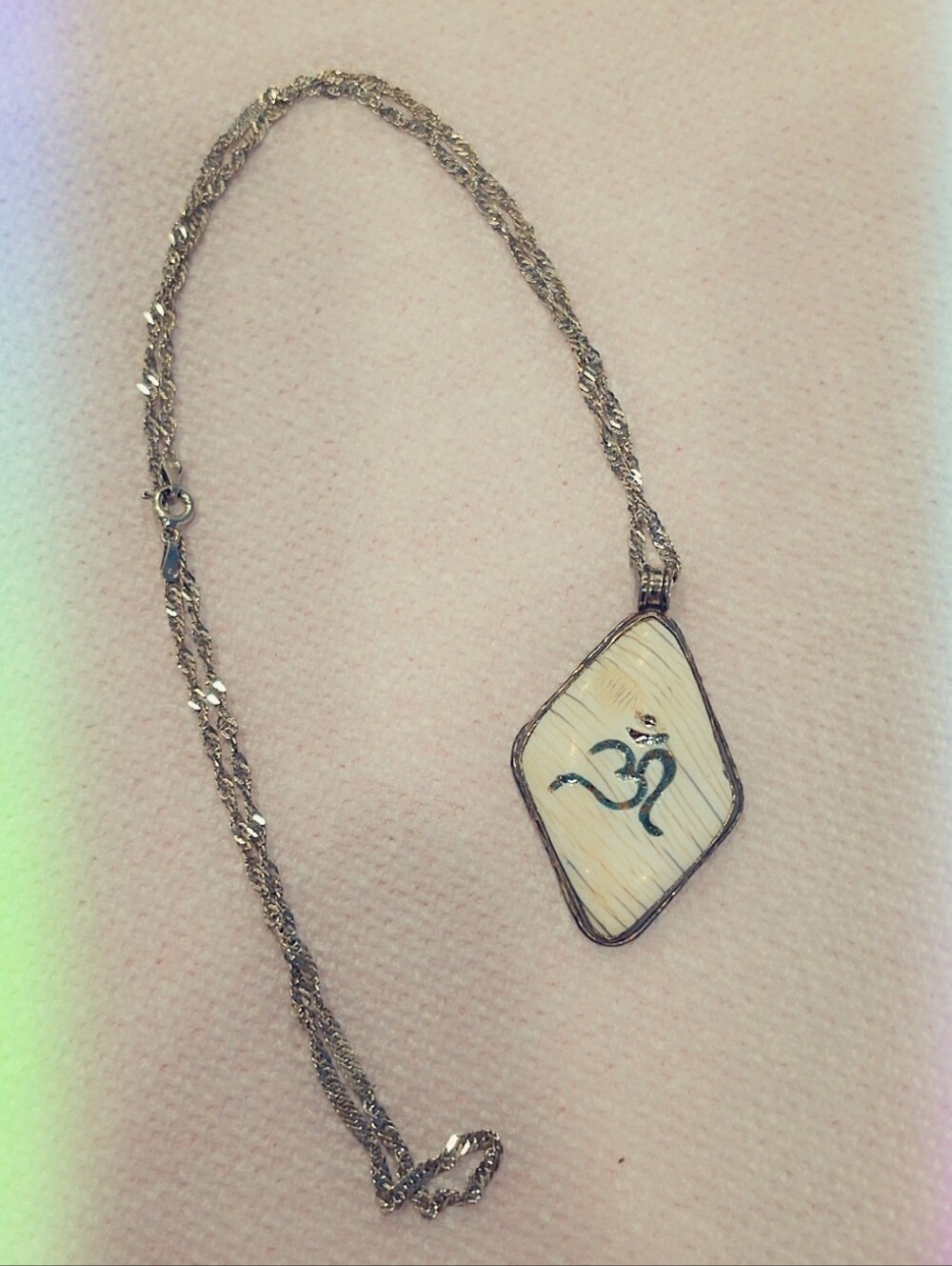 Vintage Silver Om Pendant, Turquoise & Shell Amulet With Italian Chain